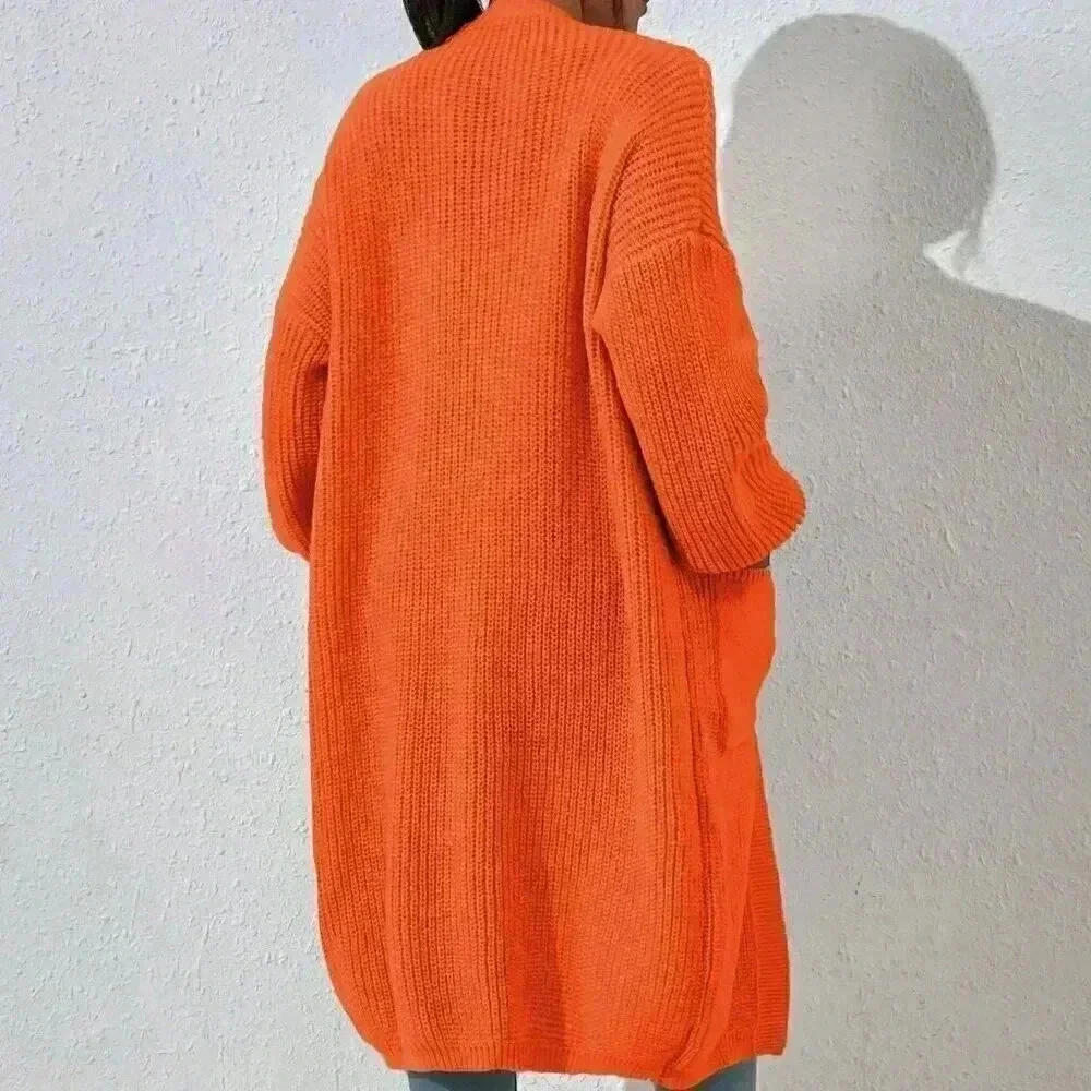 Orange Casual Women's Dual Pocket Drop Shoulder Duster Cardigan